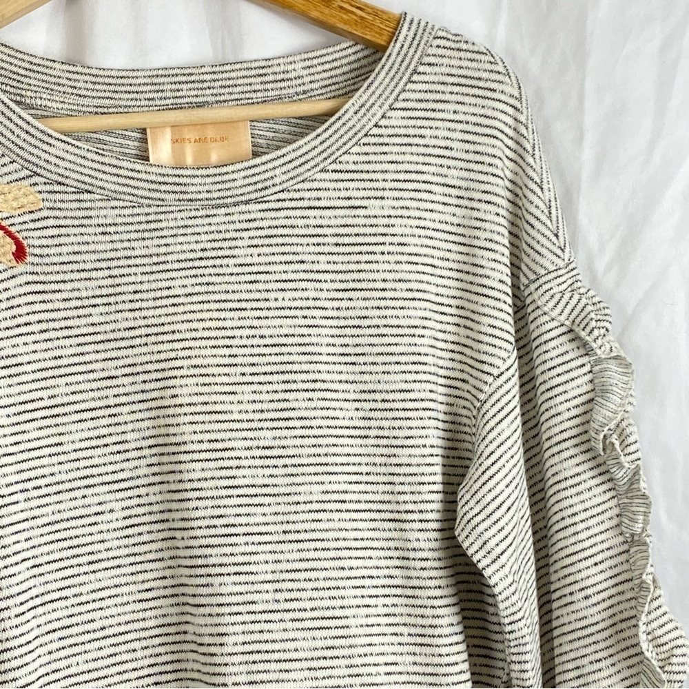 Skies Are Blue Womens Knit Top Stripe Embroidered Ruffle Pullover Shirt Size XS - Picture 12 of 16